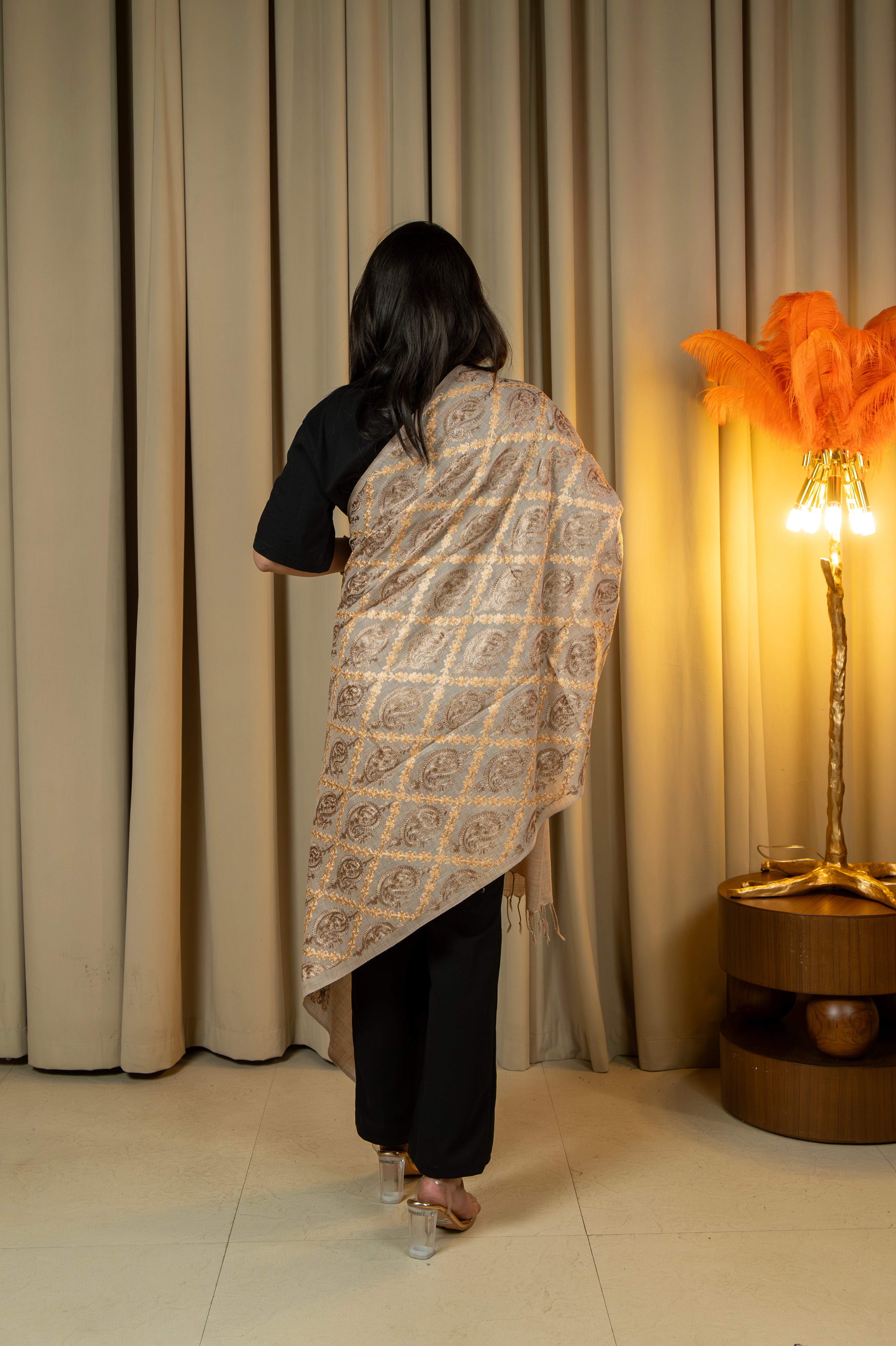 Aari Embroidered Beige Poly Wool Stole For Women